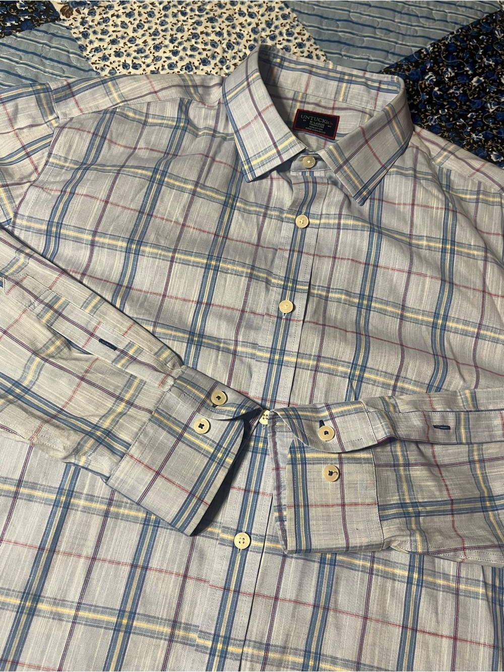 UNTUCKit Men's Light Blue Plaid Shirt with Yellow & Maroon Lines